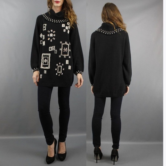 VINTAGE Black Beaded Cowl Neck Tunic Sweater sz S - Picture 8 of 8